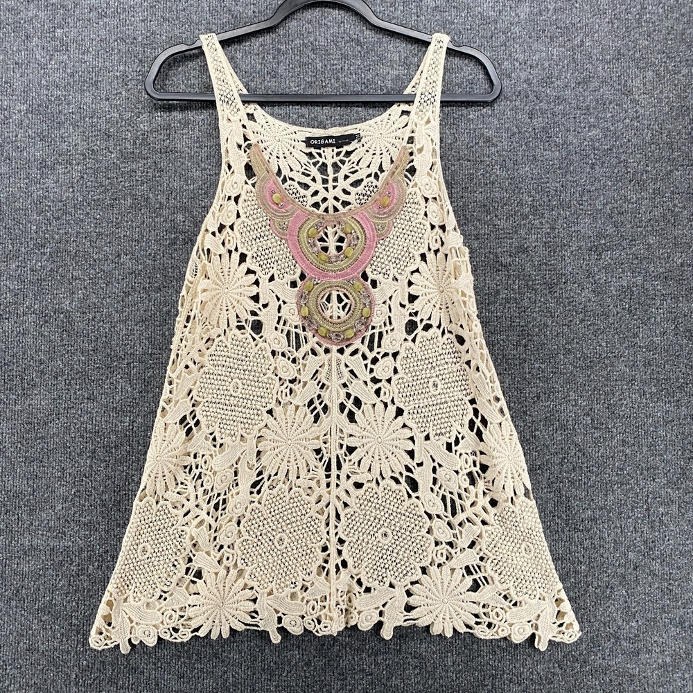 Origami Tank Top Womens S/M Tan Crochet Sheer 90s‎ Fairy Boho Cottagecore Hippie